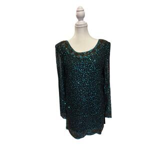 Stenay  | Vintage Formal Silk Black//Teal Sequins Top | Sm